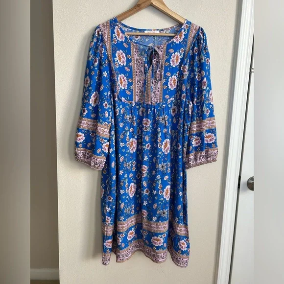 NWT Bluetime Summer Dress Boho V Neck 3/4 Sleeve Babydoll Floral Viscose Sz XL - Picture 8 of 13